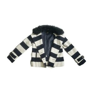 Striped Navy & White Peacoat Jacket w Detachable Faux Fur Collar